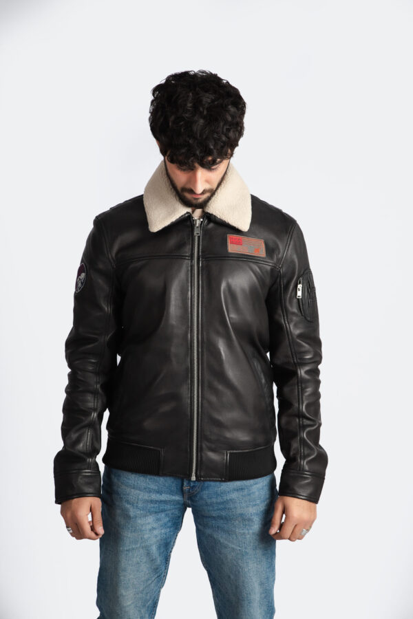 Mens Aviator Black Leather Jacket With Fur Collar High End Designer Quality - ELM1 - Image 2