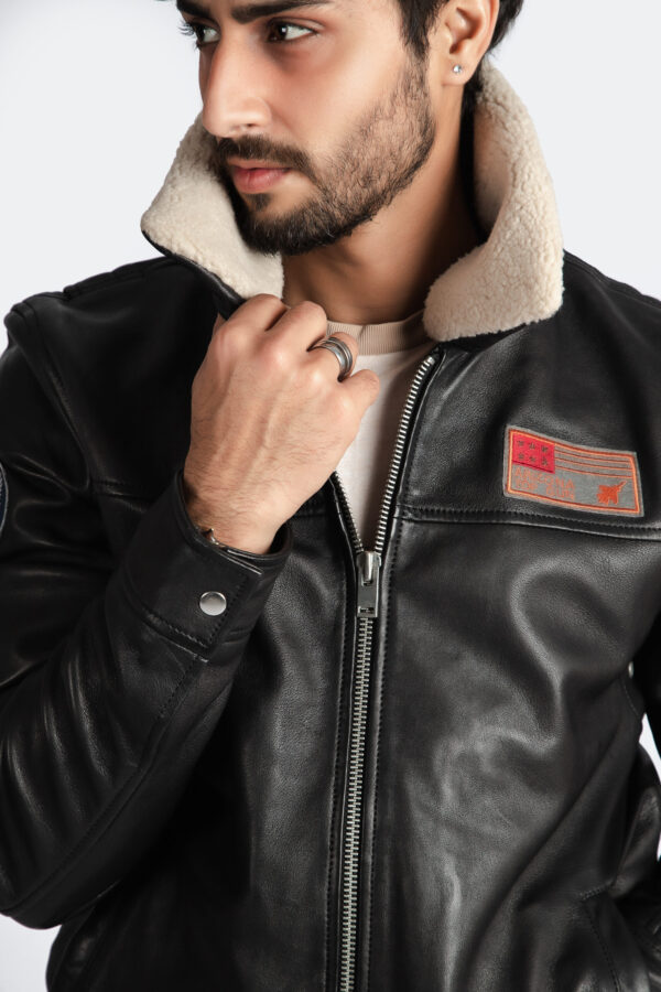 Mens Aviator Black Leather Jacket With Fur Collar High End Designer Quality - ELM1 - Image 6