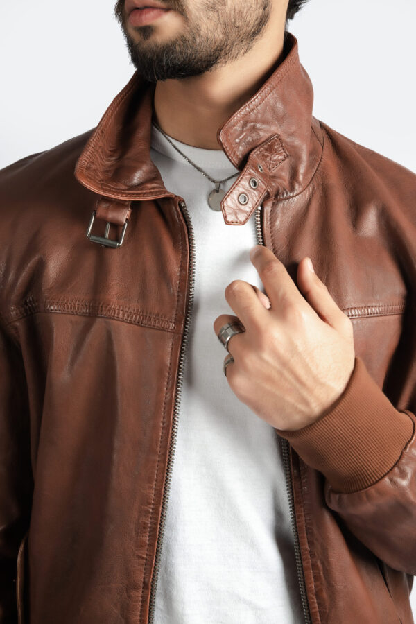 Mens Biker Style Cognac Real Leather Jacket Motorcycle Cafe Racer Fashion Jacket - ELM5 - Image 2