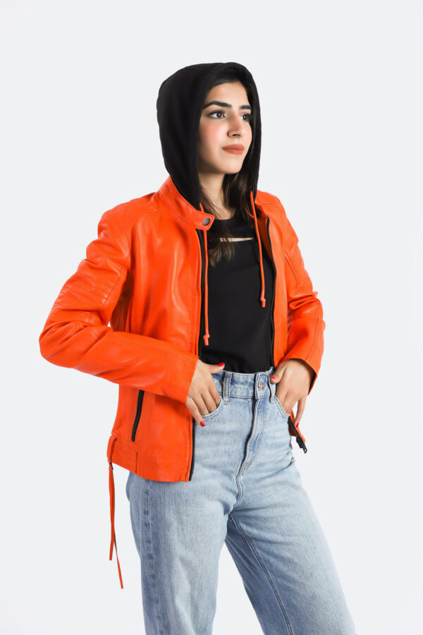 Womens Biker Hooded Real Sheep Leather Orange Jacket Quality Designer Jacket - ELF15