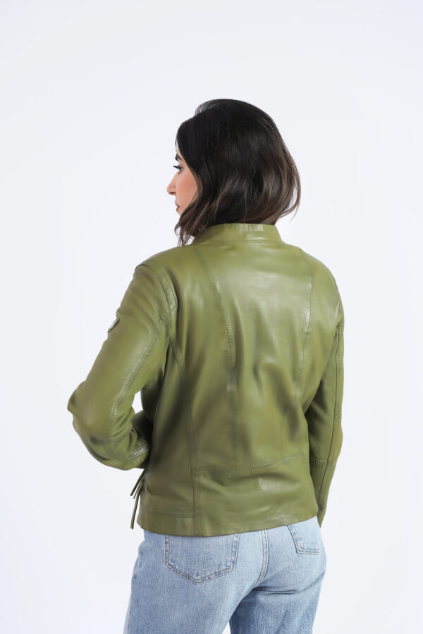 Womens Cafe Racer Real Sheep Leather Jacket Olive Green Biker Style Jacket - ELF18 - Image 4