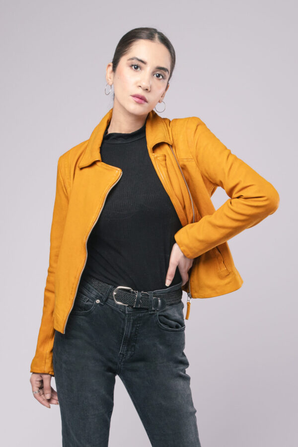 Women Fashion Jacket Real Sheep Yellow Leather Superior Quality Designer Jacket - ELF38