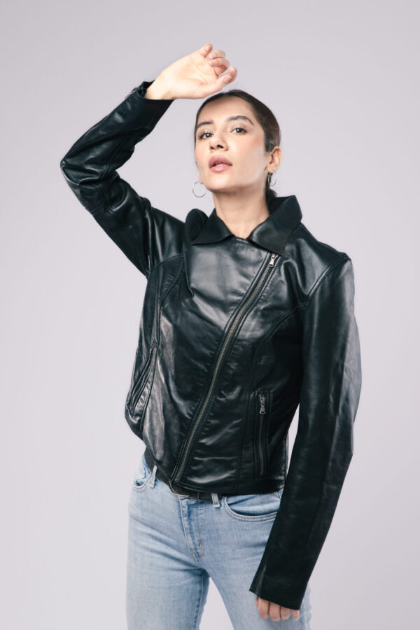 Women Classic Biker Motorcycle Style Jacket Black Sheep Leather Stylish Designers Jacket - ELF39 - Image 2