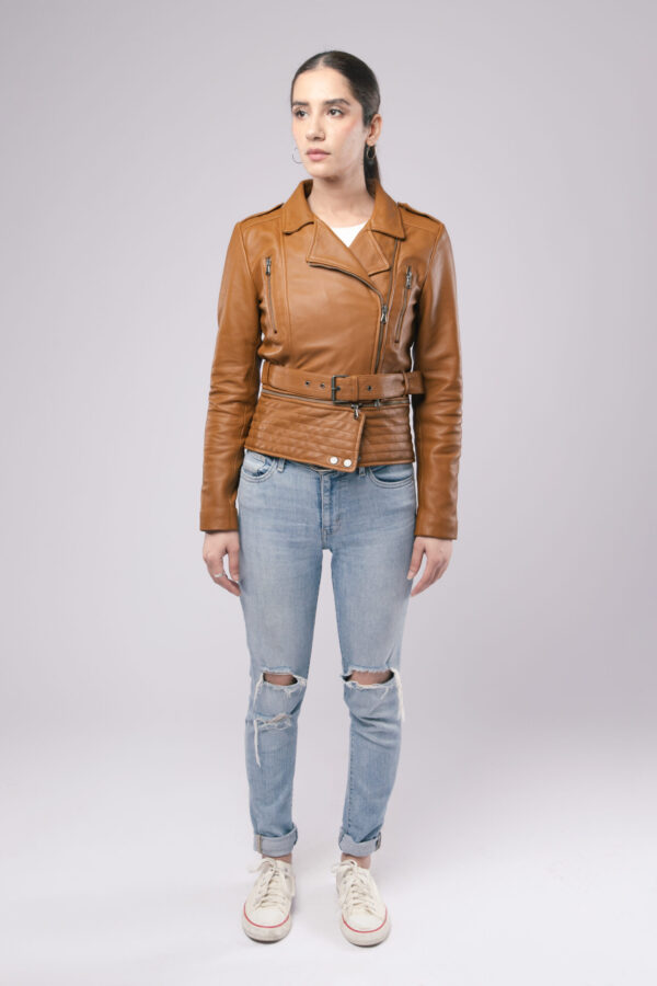 Womens Stylish Fashion Designer Real Brown Leather Jacket with Adjustable Belt - ELF40 - Image 2