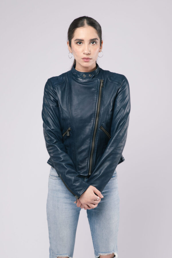 Women Racer Style Jacket Real Sheep Navy Blue Leather Stylish Fashion Jacket - ELF41