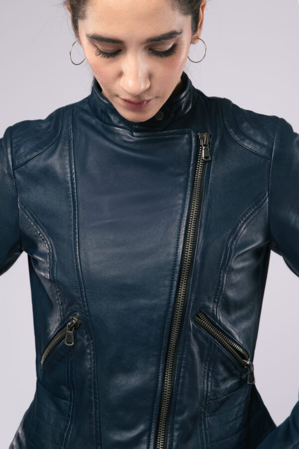 Women Racer Style Jacket Real Sheep Navy Blue Leather Stylish Fashion Jacket - ELF41 - Image 3