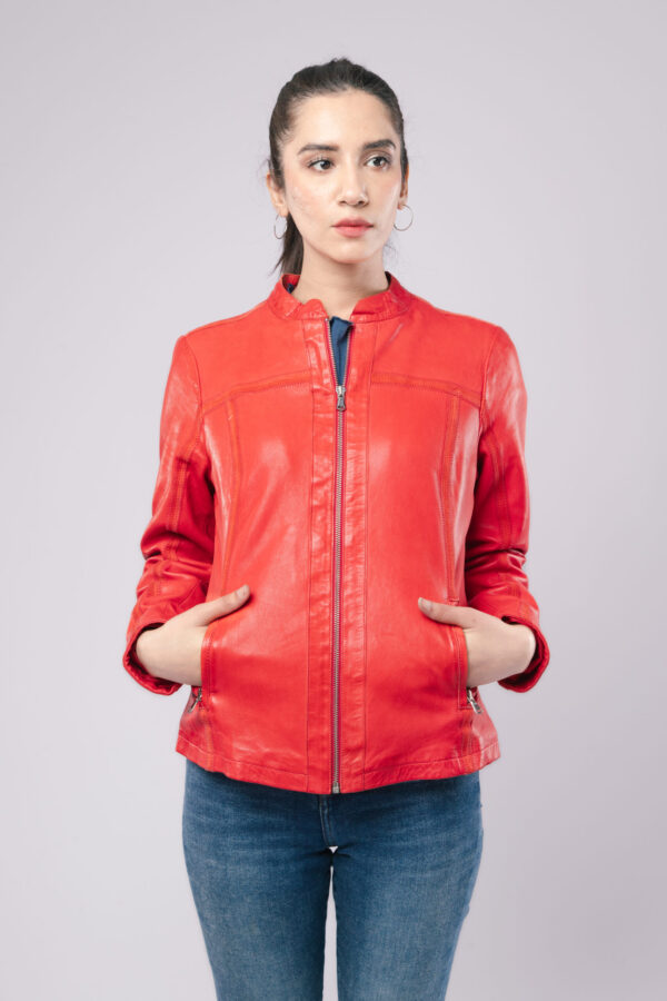 Women Real Sheepskin Red Leather Jacket Slim Fit Motorcycle Style Fashion Jacket - ELF43