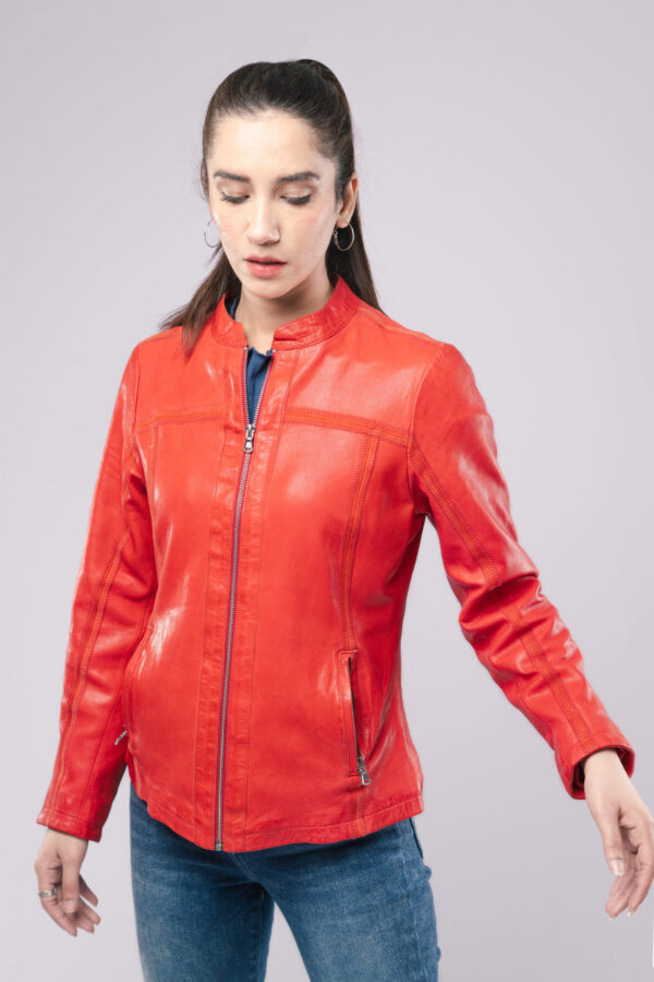 Women Real Sheepskin Red Leather Jacket Slim Fit Motorcycle Style Fashion Jacket - ELF43 - Image 2