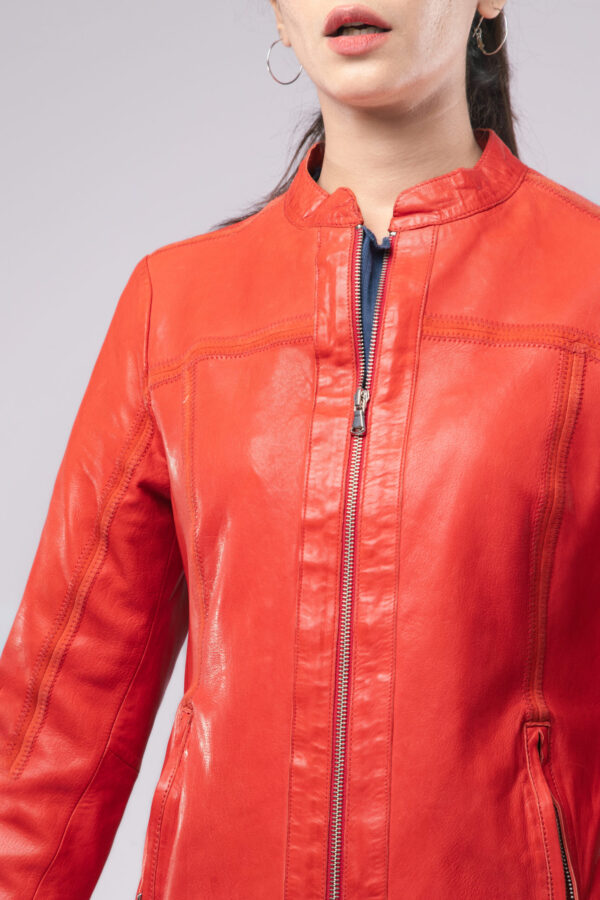 Women Real Sheepskin Red Leather Jacket Slim Fit Motorcycle Style Fashion Jacket - ELF43 - Image 3