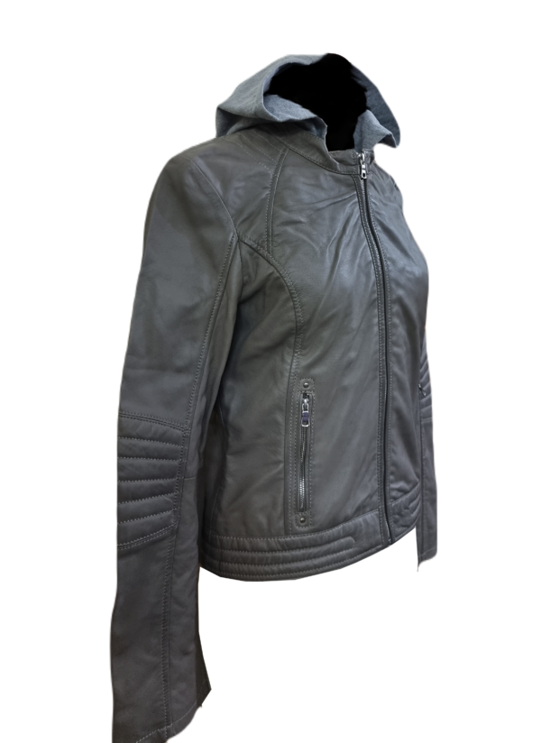 Womens Leather Hooded Jacket Biker Style Handmade Real Sheep Grey Leather Jacket - ELF51 - Image 3