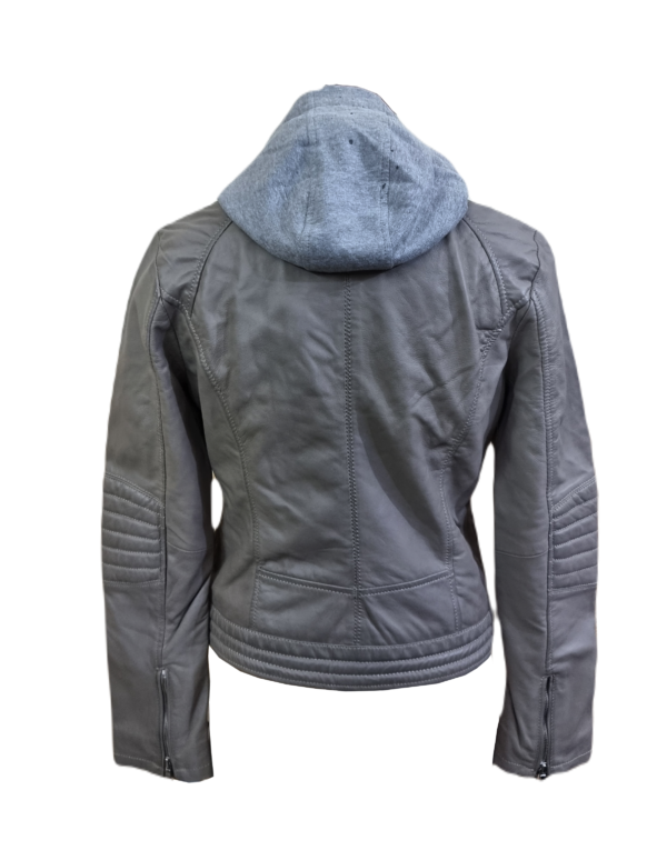 Womens Leather Hooded Jacket Biker Style Handmade Real Sheep Grey Leather Jacket - ELF51 - Image 2