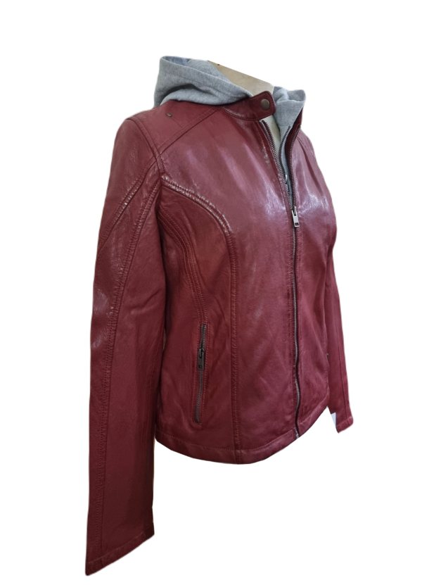 Womens Real Leather Hooded Red Jacket Biker Style Handmade Sheep Leather Jacket - ELF52 - Image 3