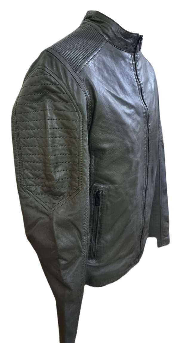 Mens Leather Jacket Olive Green Biker Style Handmade Real Lambskin Jacket- ELM38 - Image 4