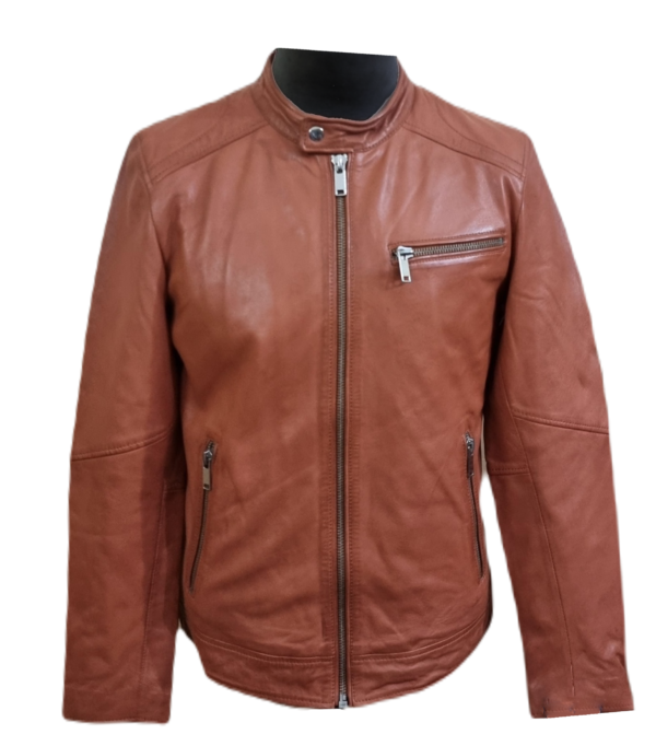 Mens Leather Jacket Biker Style Handmade Cognac Real Lambskin Fashion Jacket -ELM39