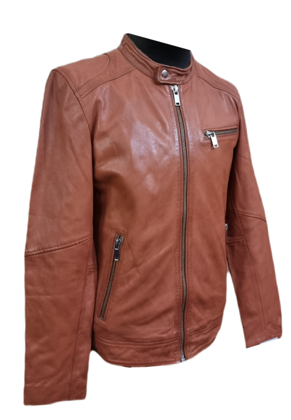 Mens Leather Jacket Biker Style Handmade Cognac Real Lambskin Fashion Jacket -ELM39 - Image 2