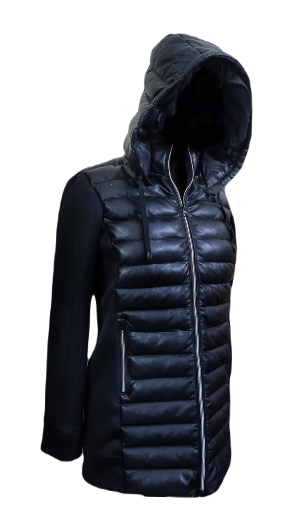 Womens Hooded Puffer Jacket Biker Style Lambskin Black Leather Outwear Stylish Jacket – ELF57 - Image 2