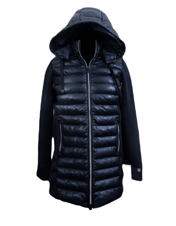 Womens Hooded Puffer Jacket Biker Style Lambskin Black Leather Outwear Stylish Jacket – ELF57