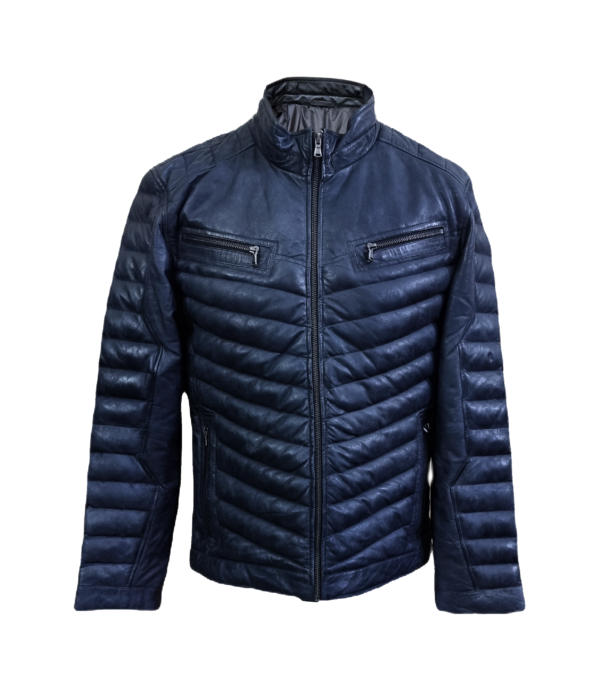 Mens Blue Leather Jacket Biker Style Lambskin Real Leather Fashion Quilted Puffer Jacket – ELM45