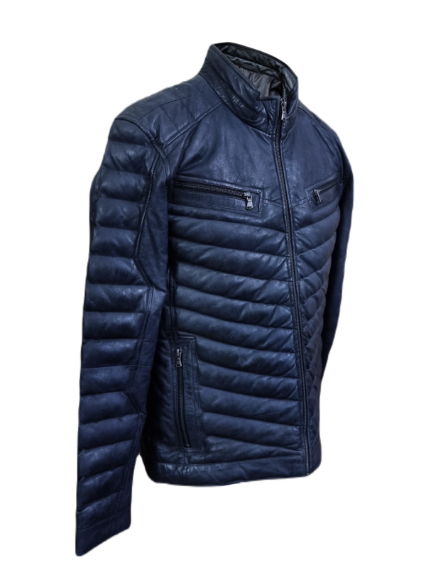 Mens Blue Leather Jacket Biker Style Lambskin Real Leather Fashion Quilted Puffer Jacket – ELM45 - Image 2