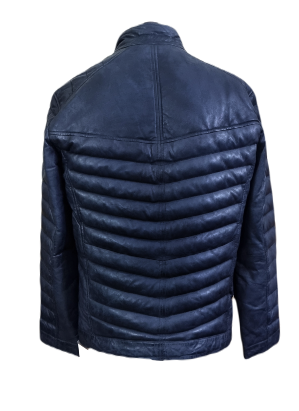 Mens Blue Leather Jacket Biker Style Lambskin Real Leather Fashion Quilted Puffer Jacket – ELM45 - Image 3